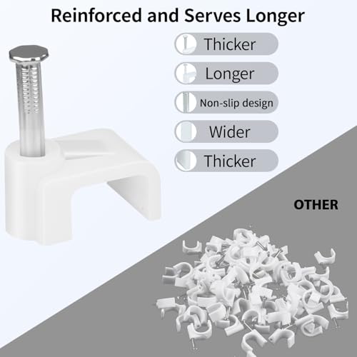 LeMotech Flat Cable Clips, 100pcs 10mm Wire Wall Clips with Steel Nails, Coaxial Nail Clamps for Cable Cord Management CAT6 CAT6e RJ45 Ethernet Cable Clamps, White - size: Flat (10mm)
