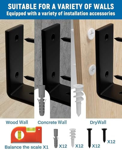 LEOPO Shelf Brackets 12 inch, 1/5 inch Thick 6-Pack Floating Shelf Bracket - color: black-6 pack, size: 11.25“
