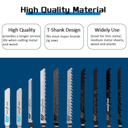 52Pack T-Shank Jigsaw Blades, Jig Saw Blades Set Made with High Speed Carbon Steel, HCS/HSS Jig Saw Blades for Wood, Plastic and Metal Cutting