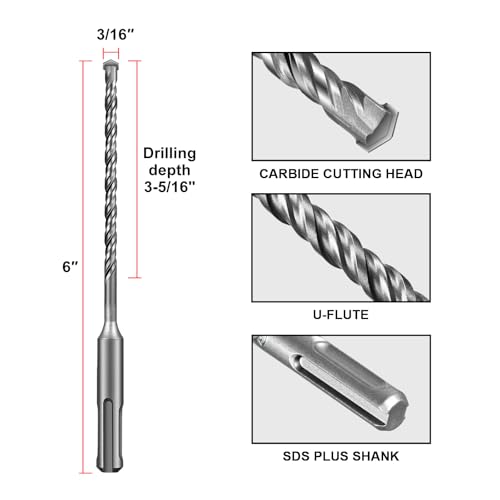 SALI Rotary Hammer Drill Bits 3/16"*6" 10 Pcs Rotary Hammer Drill Bits Concrete Masonry Hole Tool with Storage Case for Concrete, Stone, Brick - size: 3/16"*6"