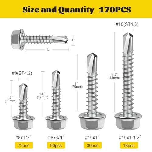 170Pcs #8#10 Self Tapping Screws for Metal, #8x1/2'' 3/4'',#10x1'' 1-1/2'' Hex Washer Head Self Drilling Screws Assortment Kit, 410 Stainless Steel Sheet Metal Screw Silver - size: 170pcs #8#10 Silver