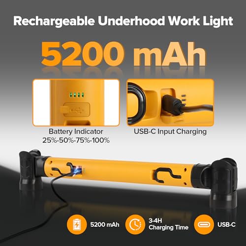 LUTEC 2 Pack 3000LM LED Work Light, 5200mAh Rechargeable Magnetic Under Hood Work Light Bar with Motion Sensor, Cordless Portable Mechanic Light for Car Repairing/Inspection/Garage/Emergency-Yellow