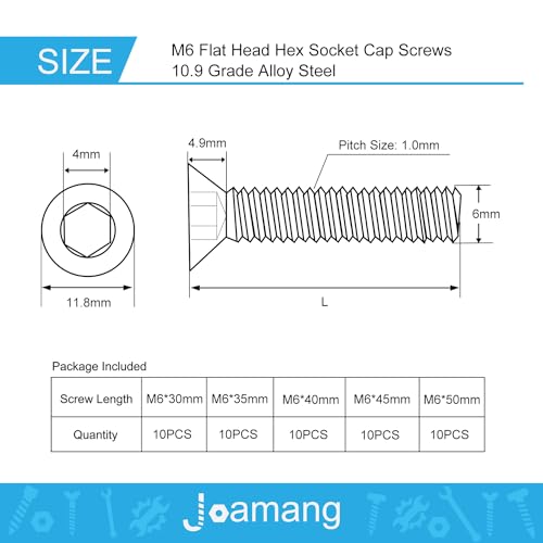 M6 x 30mm 35mm 40mm 45mm 50mm Flat Head Hex Socket Cap Screws Countersunk Bolts, 10.9 Grade Alloy Steel, Black Oxide Finish, Metric Allen Drive, Fully Threaded, Assortment Kit 50Pcs - size: M6 x 30/35/40/45/50 mm