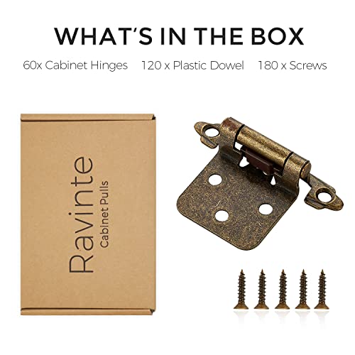 Ravinte Antique Bronze Cabinet Hinges, 1/2 Inch Overlay, 60 Pack (30 Pairs) - color: Antique Brass