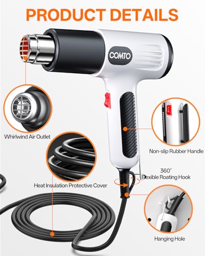 Heat Gun, 1600W Hot Air Gun with 2 Heat Settings, White - color: White