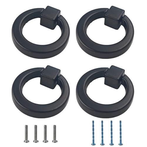 4Pcs Matte Black Zinc Alloy Cabinet Ring Knobs, Modern Round Drawer Pulls with Mounting Screws, Single Hole Dresser Handles for Kitchen Furniture, Wardrobe and Bathroom Hardware - color: Matte Black