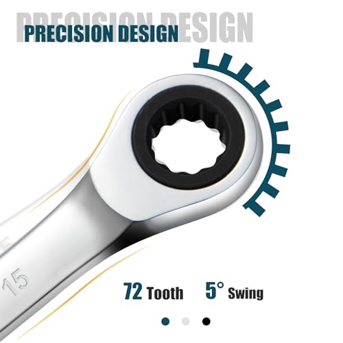 SORAKO 15mm Ratcheting Combination Wrench, Chrome Vanadium Steel Gear Wrench, Industrial Grade Cr-V Steel Gear Spanner, Household Garage Tools(Metric) - style: 1-15mm Metric