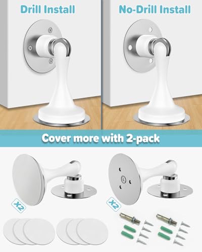 Magnetic Door Stoppers Door Catch - 2 Pack Stainless Steel Heavy Duty Door Stops for Bottom of Door, Wall & Floor Mounting No-Drill Strong Adhesive & Screws, Door Holder to Keep Door Open