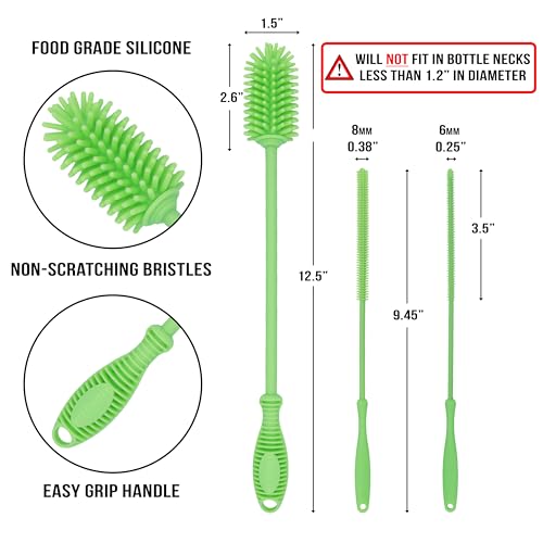 Kitchiny Silicone Bottle Brush 12.5 inch with 2 Straw Cleaners – Green | Bottle Cleaner Brush for Yeti, Hydro Flask, Owala, Stanley, Baby Bottles, Vases & Narrow Neck Containers - color: Green