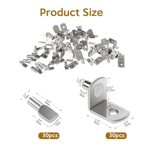60Pcs Cabinet Shelf Pegs, 5mm (1/5 inch) Shelf Support Pegs for Shelves, Shelf Brackets Pins Holders Pegs, Nickel Plated Shelf Clips for Shelving Kitchen Cupboard Bookshelf Furniture Closet Shelf Peg
