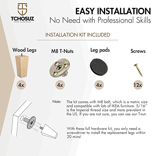 6 inch / 15cm Wooden Furniture Legs, Pack of 4 Mid Century Modern Solid Wood Unfinished Pyramid Square DIY Replacement Feet with 5/16" Hanger Bolts & T-Nuts for Sofa Couch Bed Recliner Riser - color: Unfinished, size: 6''/15cm
