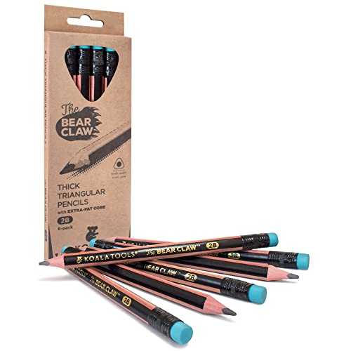 KOALA TOOLS | Bear Claw Pencils 1-Pack (6 Pencils) - Fat, Thick, Strong, Triangular Grip, Graphite, 2B Lead with Eraser - Suitable for Kids, Art, Drawing, Drafting, Sketching & Shading - style: 2B Lead