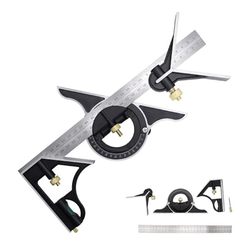 BAUSATZ 12 inch Stainless Steel Combo Square - Universal Bevel 180 Degree Angle Combination Square Set Protractor Ruler