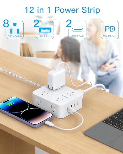 PD30W USB C Power Strip Surge Protector 10Ft, 1080J Desk Charging Station - color: White&Gray, size: 10ft