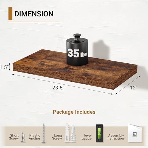 Vivelove 12 Inch Deep Floating Shelves, 24 x 12 Inch, Rustic Brown, 2 - color: Rustic Brown, size: 23.6”wx12”dx1.5”h