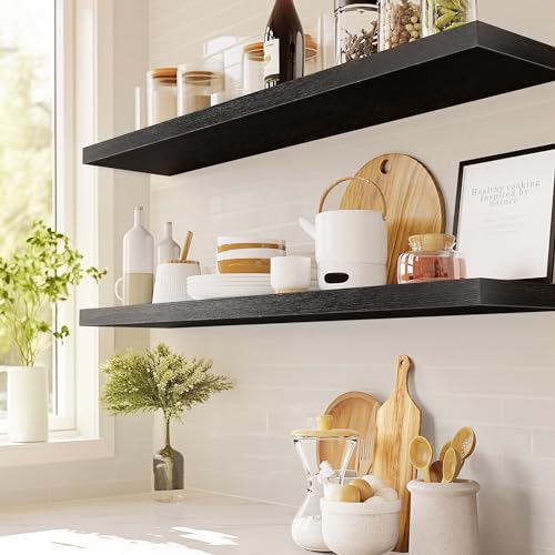 Amada 32 Inch Floating Shelves with Invisible Brackets, Set of 2, Black | Wall Shelves with Hidden Bracket, Solid MDF Wood, 22 lbs Max Load per Shelf, Easy to Assemble, Multi-Wall Compatible - color: Black, size: 32 inches