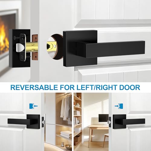 Plustool 10 Pack Matte Black Door Handles Interior, Passage Door Knobs Closet Door Levers for Hallway, Heavy Duty Square Doorknob Non-Locking Handlesets for Left & Right Sided Doors