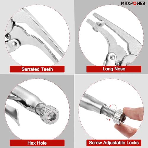 MAXPOWER 2PCS 90 degree Offset Long Nose Locking Pliers 7 inch and 10 inch - size: 7" 10"