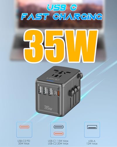 Universal Travel Adapter, 35W PD Fast Charging, 5 USB C/A Ports - color: PD35W-3A2C-black+silver