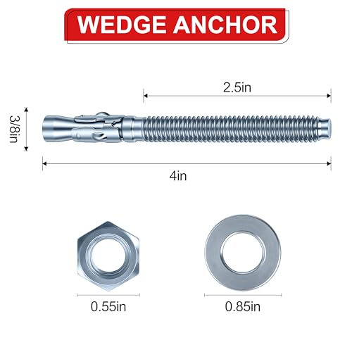 3/8 x 4 in Wedge Anchors 6 pcs Galvanized Concrete Anchors - size: 3/8 x 4In