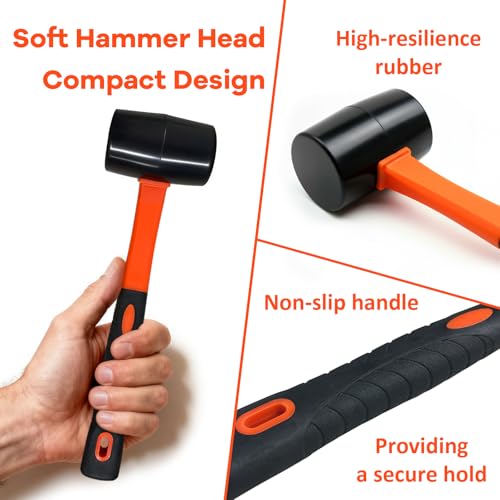 Rubber Mallet with Soft Hammer Head - 13.5 oz Rubber Mallet Hammer, Rubber Mallets Hammer for Woodworking, Flooring, Tile, Furniture Assembly, Fencing, & Woodwork Projects.（Bright Orange）