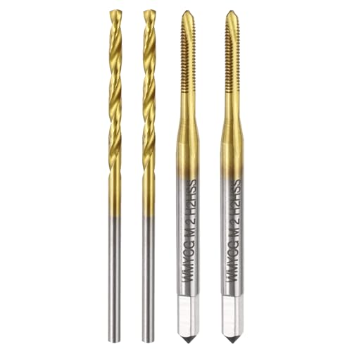 uxcell Metric Tap & Drill Bit Set, 2pcs M2 x 0.4 Spiral Point Thread Taps and 2pcs 1.6mm Twist Drill Bits, Titanium Coated HSS6542 Screw Tapping Threading Tools - size: M2 x 0.4 + 1.6mm