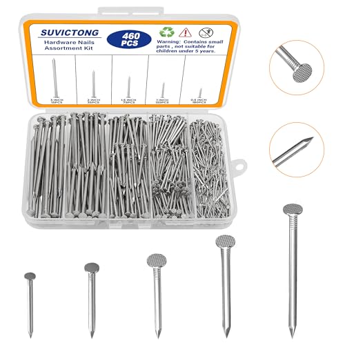 460pcs Hardware Nails Assortment Kit, Stainless Steel 304 Nails Kit, Wall Nails Kit,5 Size Picture Hanging Nails, Wood Nails, Finishing Nails(0.5inch,1inch,1.5inch,2inch,3inch) - size: 460pcs Nails Kit