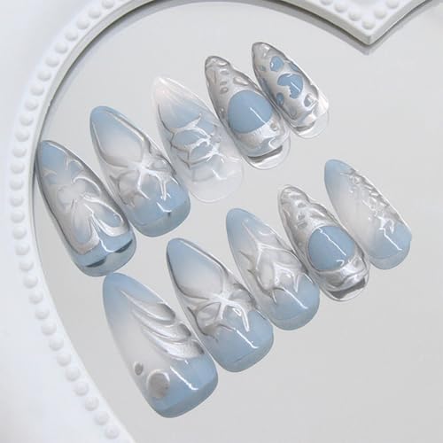 Medium Almond Press On Nails Blue with French Tip Y2K Bow Heart - color: Style14