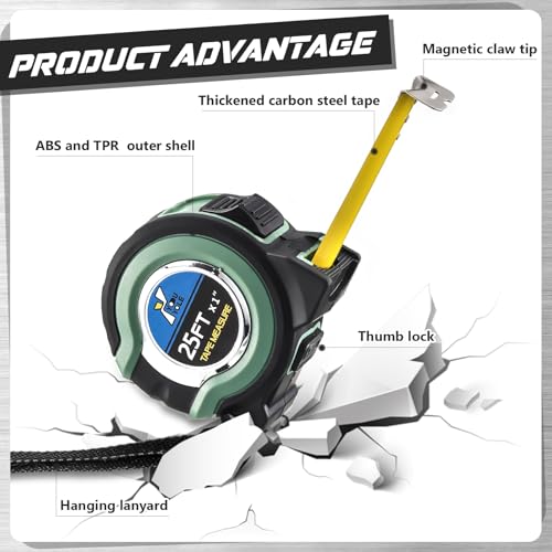 Youyole 10 Pack Tape Measure with Fractions 1/8 Steel Measuring Tape Retractable Easy Read Measurement Ruler Steel Power Blade (25 ft X 1 in,Green) - color: Green