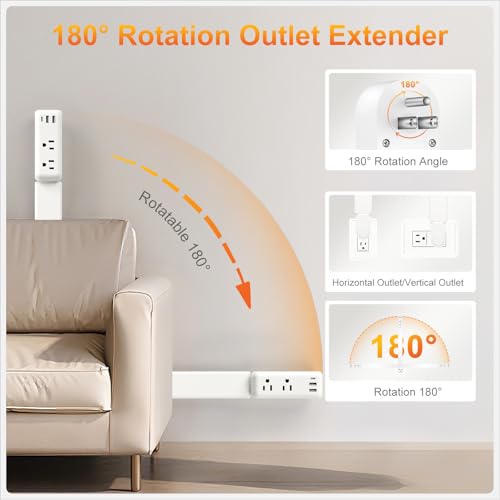 Outlet Extender, Electrical Outlet Extender Stick 22-34" Extendable 180° Rotating Wall Charger, EDIEBE USB C Power Socket Expander with 2 AC, 2 USB-A & 1 USB-C for Home Office Behind Couch