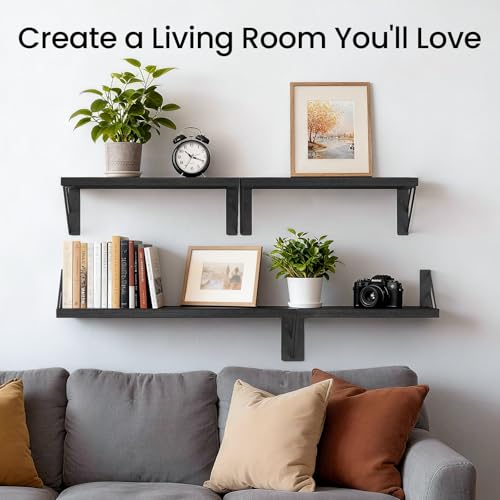 BAYKA Wall Mounted Floating Bathroom Shelves, Wood(Black, Set of 4, 16in) - color: A. Black Board & Black Brackets, size: 16-inch Mixed