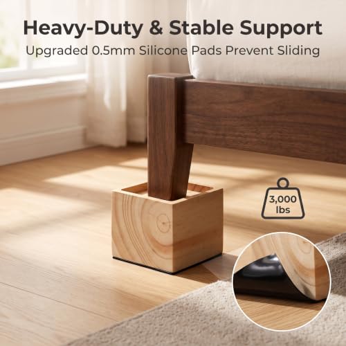 Lufia 3 Inch Solid Pine Wood Furniture Risers 4 Pack, 2000 LBS Silicone Non Slip Lift Blocks for Bed Sofa Desk Cabinet - color: Natural Wood - 4-pack, size: 3 Inch