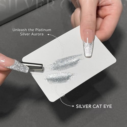 GAOY Silver Cat Eye Swirl Gel Nail Polish Art Liner, 12ml Glitter Holographic Reflective Color Nail Paint Design with Thin Brush, UV Light Cure for DIY French Manicure at Home - color: Silver Cat Eye