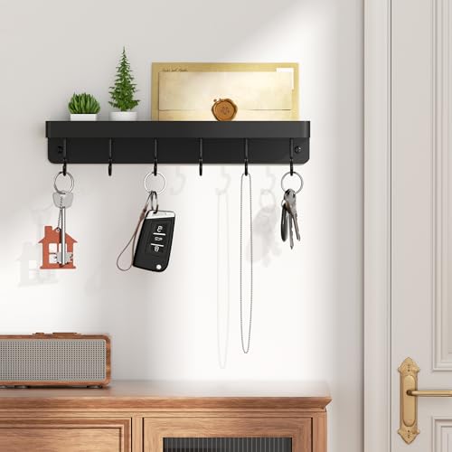 niffgaff Black Key Holder Wall Mount, Stainless Steel Self Adhesive Hooks Rack with Shelf, No Drill Key Hanger for Door and Wall - color: Black