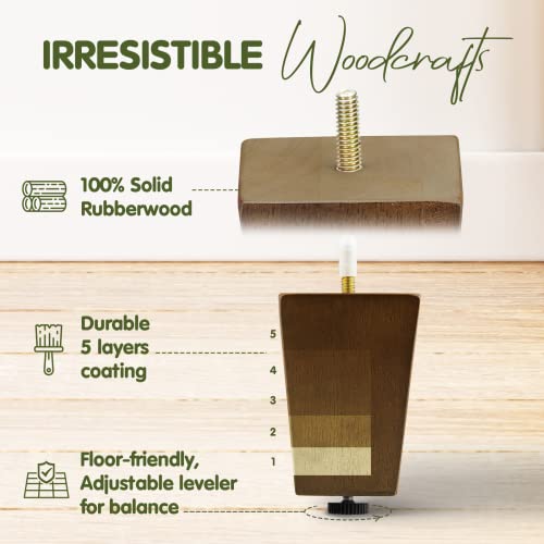 Yes4All 4" Square Wooden Furniture Legs, Adjustable Levelers, Brown, 4PCS - color: Square Brown, size: 4 inch