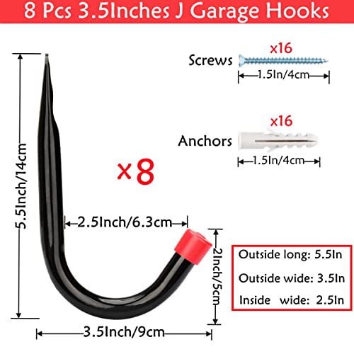 Garage Storage J Utility Hook, 8 Pack Heavy Duty Wall Mounted Hanging Hooks Organize Garden Tools, Gym Bags, Stroller, Toy,Power Tool - size: 3.5inch