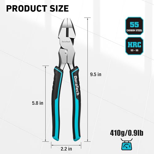 DURATECH 9.5" High Leverage Linemans Pliers, Side Cutters - size: 9.5 inch