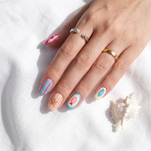 Summer Press On Nails Short Almond Colorful with Starfish Fish Stripes - color: Style15