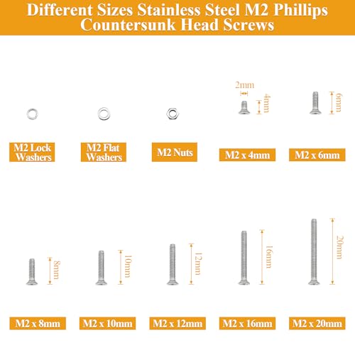 565 Pieces M2 Machine Screws Nuts Washers Set, Sutemribor M2 x 4/6/8/10/12/16/20mm Phillips Countersunk Head Machine Screws Nuts Washers Assortment Kit, 304 Stainless Steel, Fully Threaded - size: M2, style: Phillips Countersunk Head
