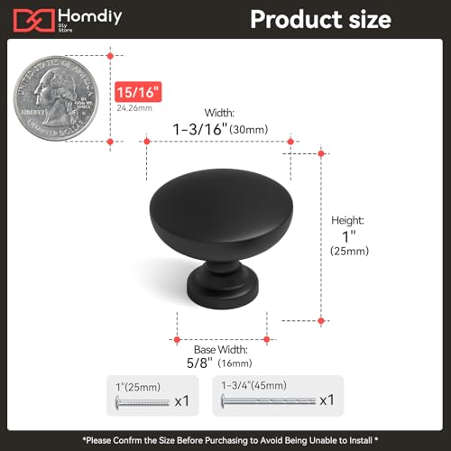 homdiy 25 Pack 1-3/16in Black Cabinet Knobs Dresser Closet Knobs - color: Black