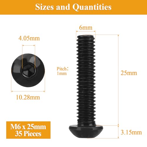 35 Pieces M6 x 25mm Button Head Socket Cap Screws, Thread Pitch 1.0mm, Sutemribor M6 Black Screws, 10.9 Grade Alloy Steel, Black Oxide Finish, Fully Threaded - size: M6 x 25mm, style: Button Head