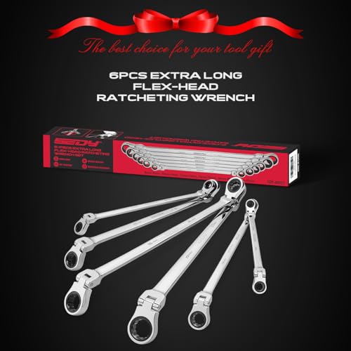 Extra Long Flex-Head Ratcheting Wrench Set, Anti-Slip 6-Piece Double Box End Wrench Set, 72-Teeth, Metric 8-19mm, CR-V Steel Wrench with Rolling Pouch - color: 6-pc Extra-long (Flex-head)