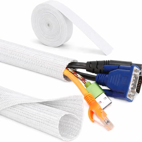 Cable Management Kit – 4 Pack 3FT Cord Sleeves + 3 Roll Reusable Cable Ties, Wire Organizer Wrap for TV, Desk, Computer, Home & Office, White