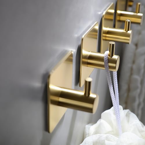 YIGII Adhesive Hooks, 4 Pack Stainless Steel Towel Hooks Heavy Duty, Sticky Wall Hook for Hanging Robe, Coat, Clothes, Waterproof (Gold) - color: Brushed Gold