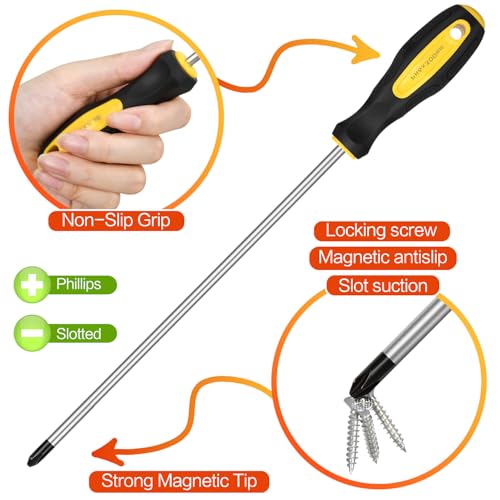 2pcs Long Magnetic Screwdriver Set, 12in Extra Long Phillips and Slotted - color: 2pcs