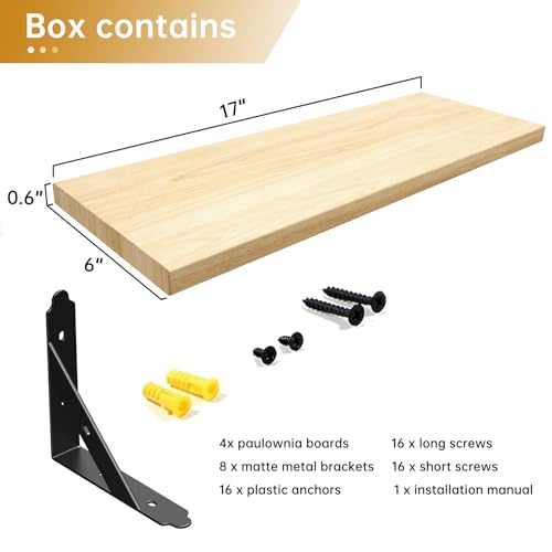 ROMGUAR CRAFT Wood Wall Floating Shelves Set of 4, 17" x 6" - Natural - color: Natural, size: 17" x 6"