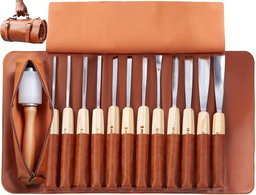 Wood Carving Chisel Set, 12 Pieces CR-V Steel with Nylon Hammer