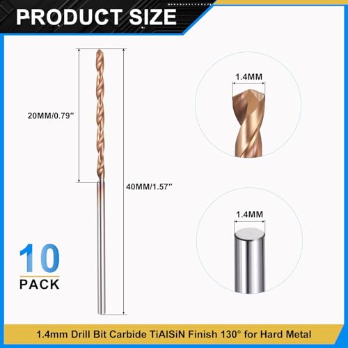 PATIKIL 1.4mm Drill Bit Carbide for Stainless Steel Hard Metal 130° 10 Pack - size: 1.4mm