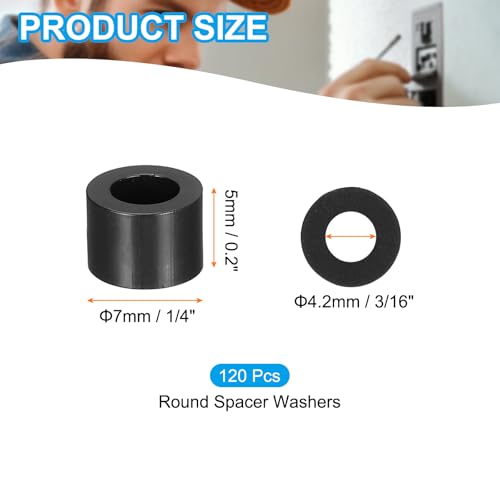 PATIKIL 120Pcs ABS Spacers 4mm ID, 7mm OD, 5mm Height Plastic Round Stud Spacer Black Nylon Washers Nut Unthreaded Rubber for M4 Screws Bolts Barrel - size: 4mm ID, 7mm OD, 5mm Height