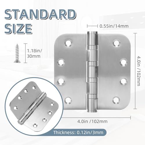 6 Pack Stainless Steel Silver Door Hinges for Exterior & Interior Doors, 4.0 x 4.0 Inch Heavy-Duty Ball Bearing Door Hinges with 5/8" Radius Corners - color: Silver